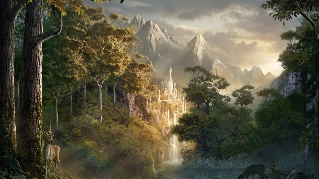 Majestic White Fantasy Castle Mountain Waterfall 4K Wallpaper