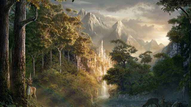 Majestic White Fantasy Castle Mountain Waterfall 4K Wallpaper