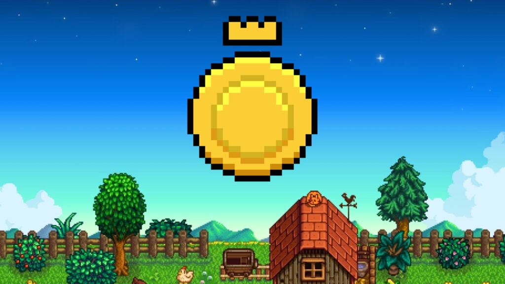 Pixel Art Coin and Farm Scene 4K Desktop Wallpaper