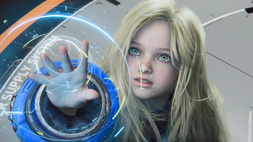 Blonde Girl Interacting with Holographic Interface Desktop Wallpaper