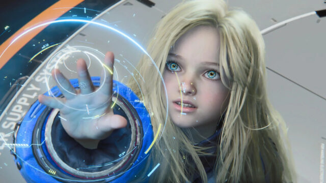 Blonde Girl Interacting with Holographic Interface Desktop Wallpaper