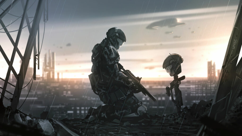 Halo Soldier Paying Respects in a War-Torn City Desktop Wallpaper