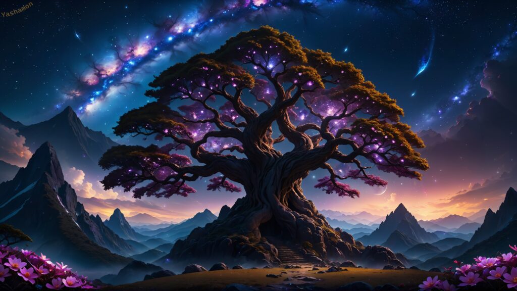 Cosmic Bioluminescent Tree Mountain Landscape 4K Wallpaper
