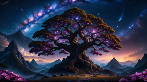 Cosmic Bioluminescent Tree Mountain Landscape 4K Wallpaper