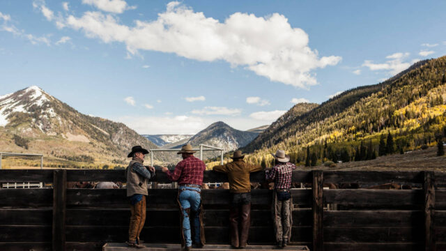 Cowboys Leaning on Fence Mountain View Desktop Wallpaper