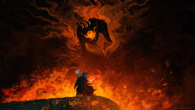 Epic Fantasy Wizard Confronting Fire Demon 4K Wallpaper