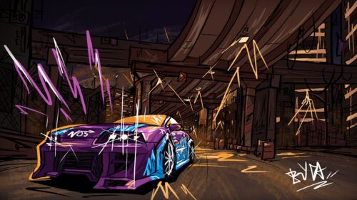 Graffiti Style Purple Sports Car Urban Night Desktop Wallpaper