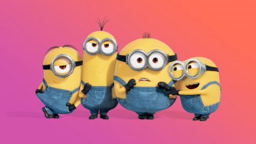 Four Funny Minions Standing Together 4K Desktop Wallpaper