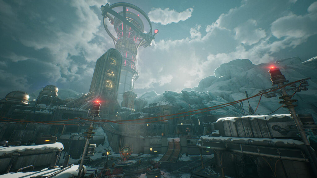 Futuristic Snow-Covered Industrial Outpost Desktop Wallpaper