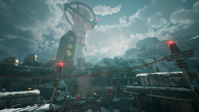 Futuristic Snow-Covered Industrial Outpost Desktop Wallpaper