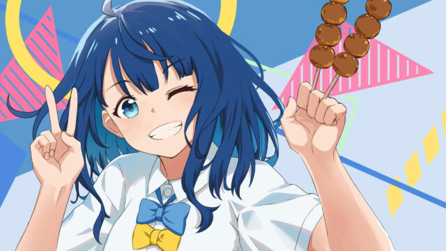 Blue Haired Anime Girl With Skewered Snacks Desktop Wallpaper