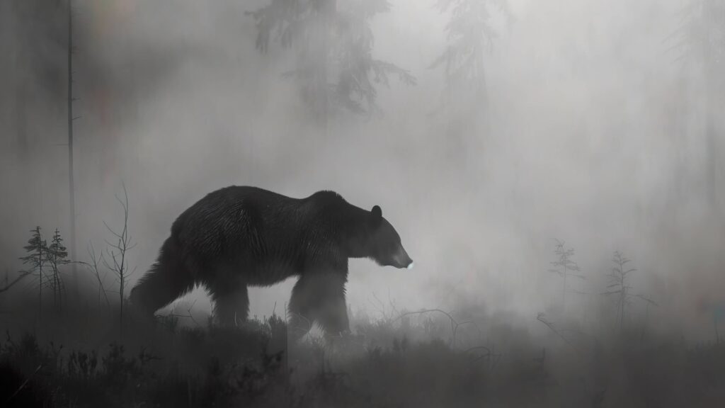 Solitary Black Bear in Misty Forest 4K Desktop Wallpaper