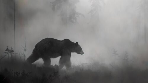 Solitary Black Bear in Misty Forest 4K Desktop Wallpaper