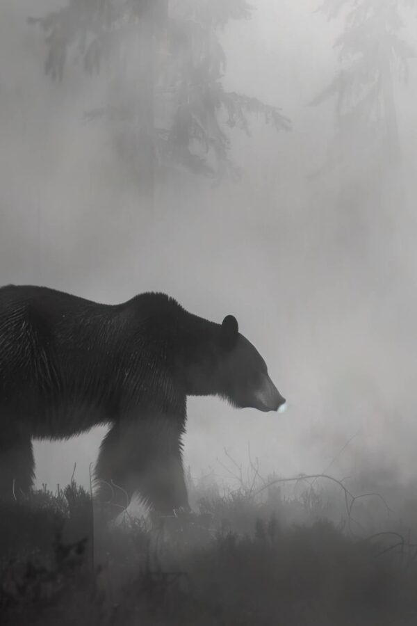 Solitary Black Bear in Misty Forest 4K Desktop Wallpaper