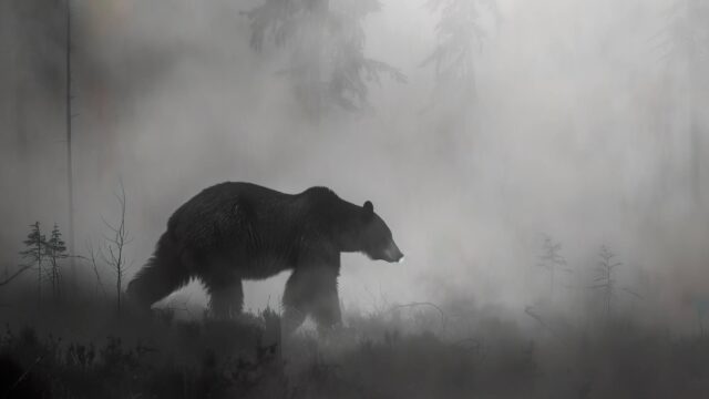 Solitary Black Bear in Misty Forest 4K Desktop Wallpaper