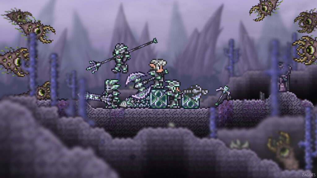 Terraria Corrupt Landscape Heroic Knight Desktop Wallpaper