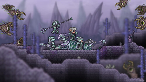 Terraria Corrupt Landscape Heroic Knight Desktop Wallpaper