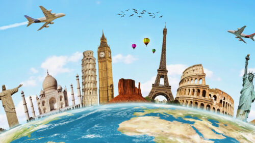 Global Landmarks Travel Collage 4K Desktop Wallpaper