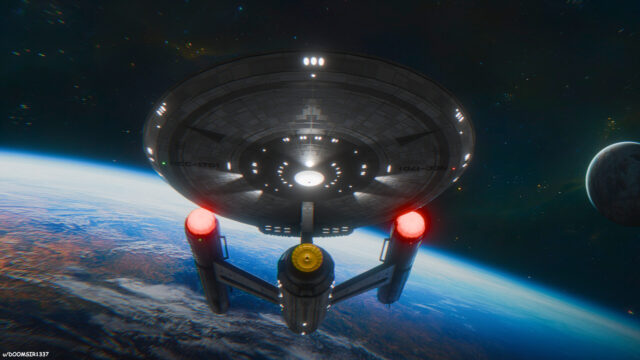 USS Enterprise Orbiting Planet Desktop Wallpaper