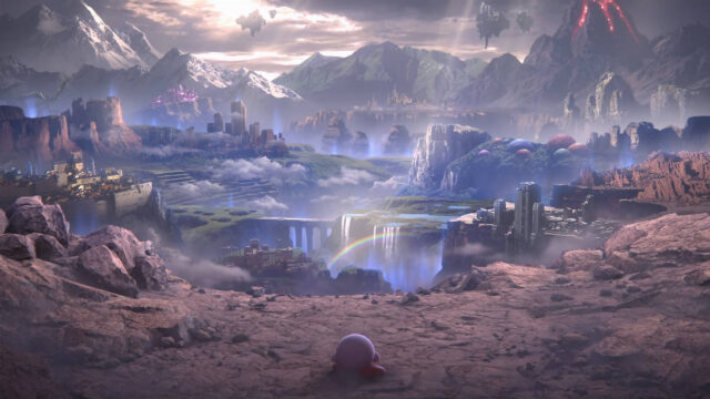 Kirby Standing Before an Epic Fantasy Landscape Desktop Wallpaper