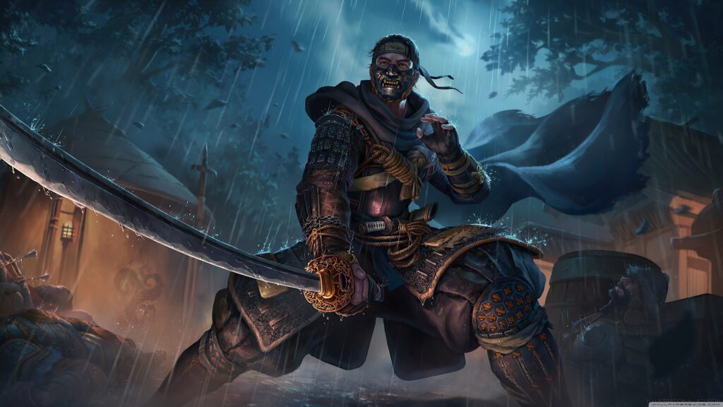 Samurai Warrior in the Rain Desktop Wallpaper