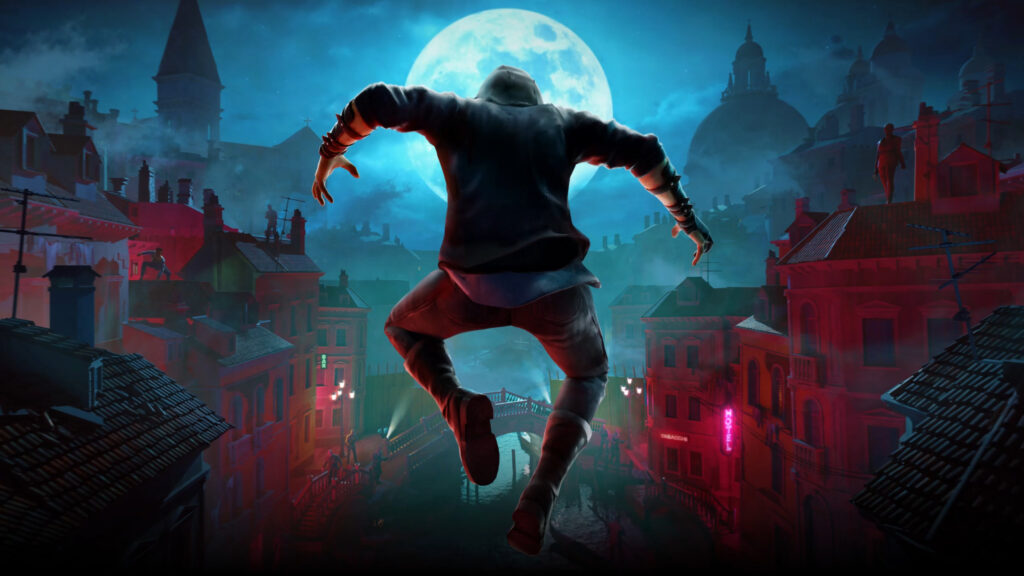 Hooded Figure Leaping Above Cityscape 4K Desktop Wallpaper