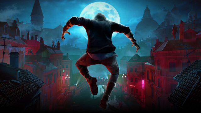 Hooded Figure Leaping Above Cityscape 4K Desktop Wallpaper