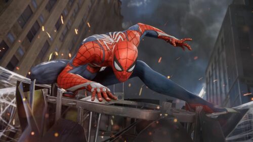 Spider-Man Crouching Amidst City Debris 4K Desktop Wallpaper