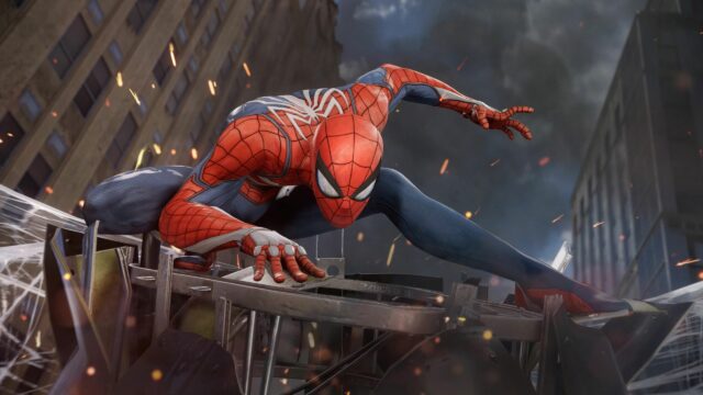 Spider-Man Crouching Amidst City Debris 4K Desktop Wallpaper