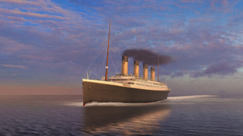 Majestic Ocean Liner at Sunset Digital Art Desktop Wallpaper