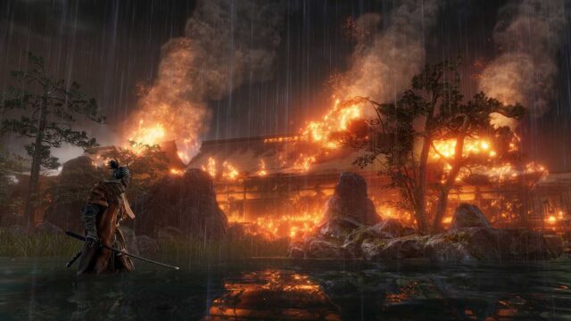 Sekiro Samurai Standing in Water Before Burning Temple Desktop Wallpaper