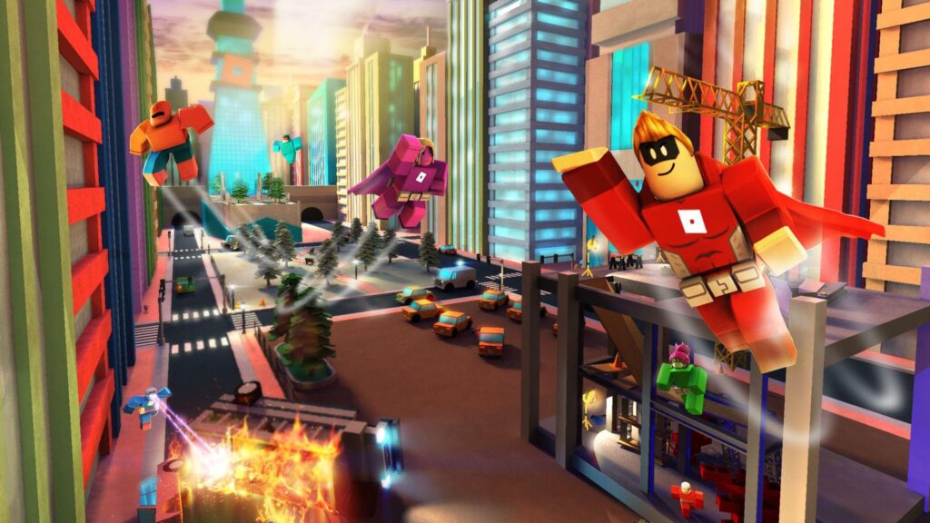 Roblox Superhero City Action Scene 4K Desktop Wallpaper