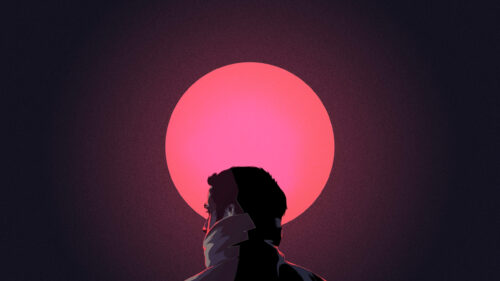 Minimalist Silhouette Man with Pink Sun Desktop Wallpaper
