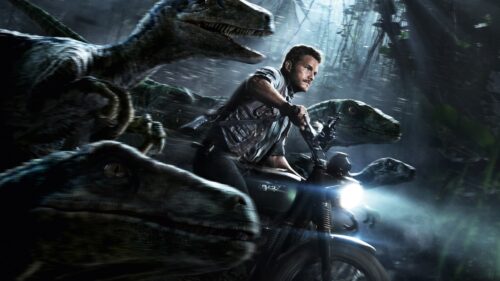 Chris Pratt Riding Motorcycle with Raptors 4K Desktop Wallpaper