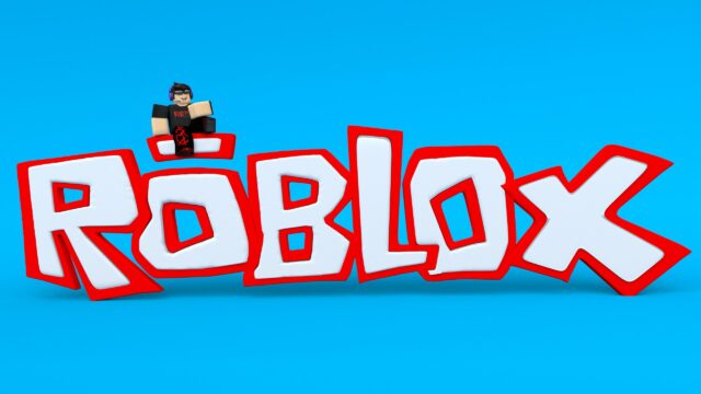 Roblox Character Sitting on Logo 4K Desktop Wallpaper