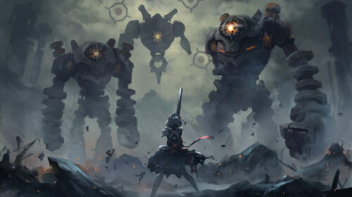 Anime Warrior Versus Ancient Ruin Golem 4K Desktop Wallpaper