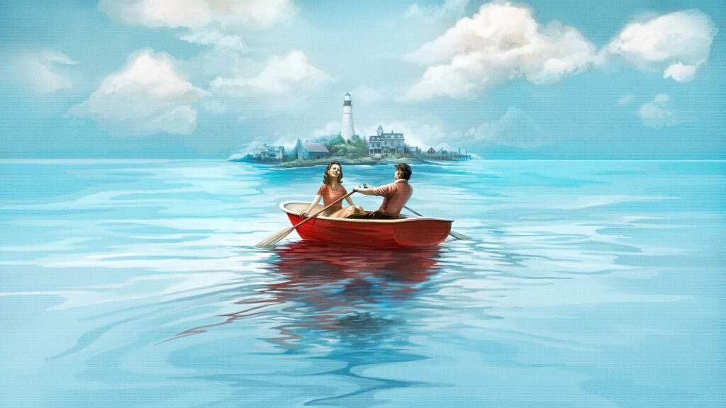 Couple Rowing Toward a Coastal Island 4K Desktop Wallpaper