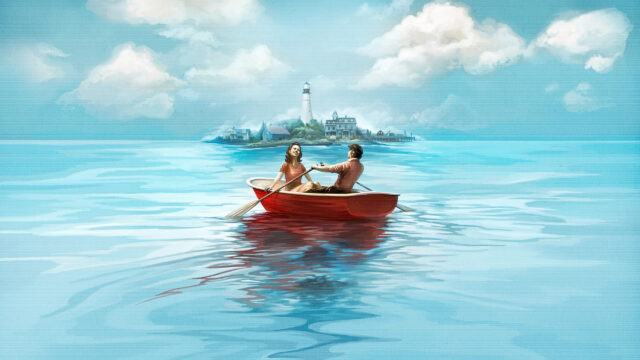 Couple Rowing Toward a Coastal Island 4K Desktop Wallpaper