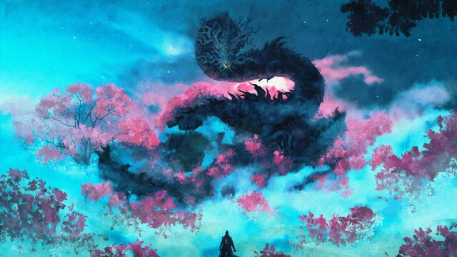 Majestic Dark Dragon and Lone Warrior 4K Desktop Wallpaper