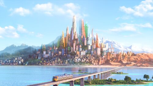 Futuristic Sunny City Train Bridge 4K Desktop Wallpaper