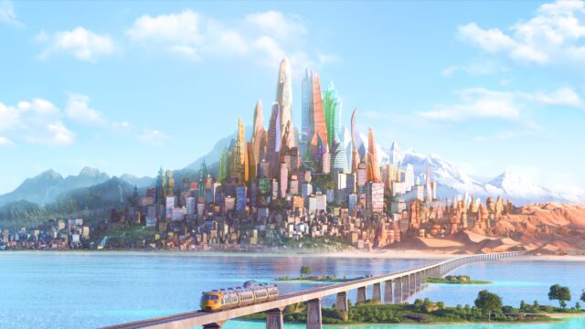 Futuristic Sunny City Train Bridge 4K Desktop Wallpaper