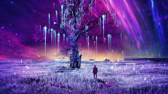 Digital Surreal Landscape Tree with Light Trails Desktop Wallpaper