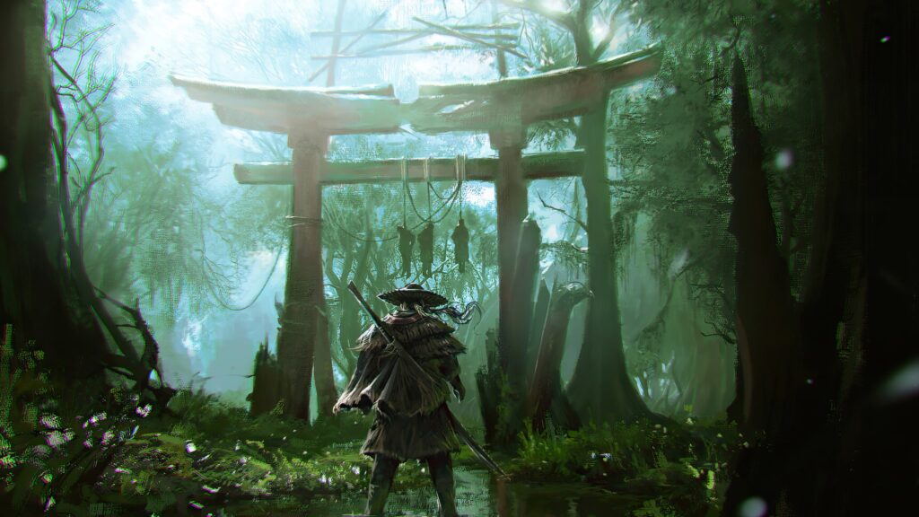 Ronin in the Haunted Torii Gate Forest Desktop Wallpaper
