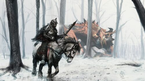 Knight Facing a Great Beast in a Snowy Forest Desktop Wallpaper