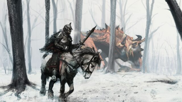 Knight Facing a Great Beast in a Snowy Forest Desktop Wallpaper