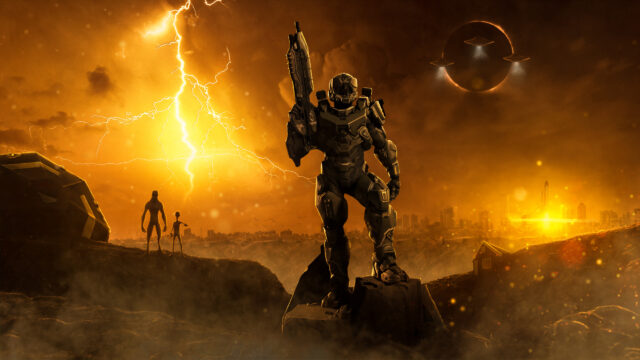 Epic Sci-Fi Soldier Standing Before Alien Invasion Desktop Wallpaper