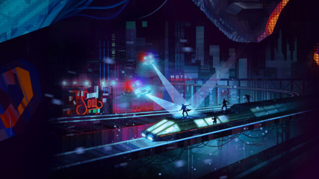 Cyberpunk City Train Chase Desktop Wallpaper