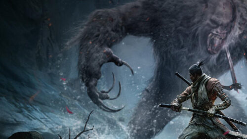Samurai Warrior Facing a Giant Beast Desktop Wallpaper