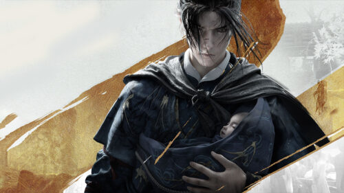 Warrior Holding an Infant in Cinematic Style Desktop Wallpaper
