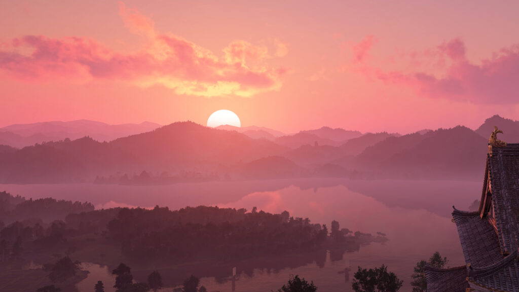 Stunning Japanese Temple Sunset Over Tranquil Lake Desktop Wallpaper